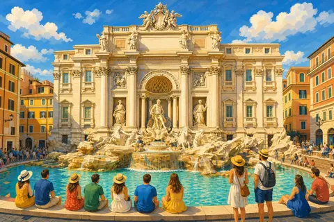 Fuente de Trevi en Roma con su fachada de piedra clara y agua turquesa