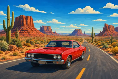 Cupé deportivo rojo de líneas clásicas circulando por una carretera recta de desierto