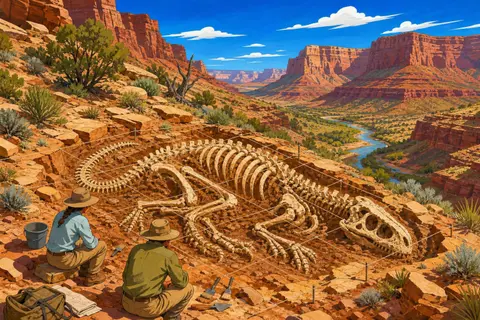 Esqueleto de dinosaurio en la roca de una excavación con pinceles y cuerdas