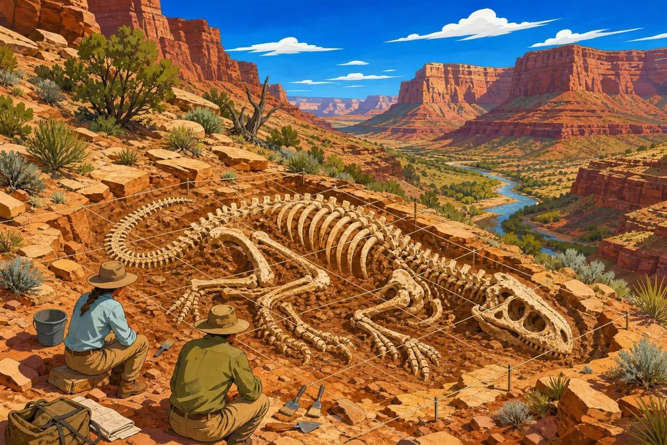 Esqueleto de dinosaurio en la roca de una excavación con pinceles y cuerdas