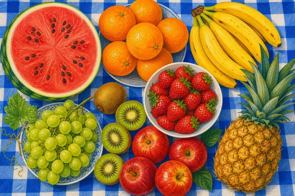 Mesa vista desde arriba con sandía, naranjas, plátanos, fresas, uvas, kiwis y una piña