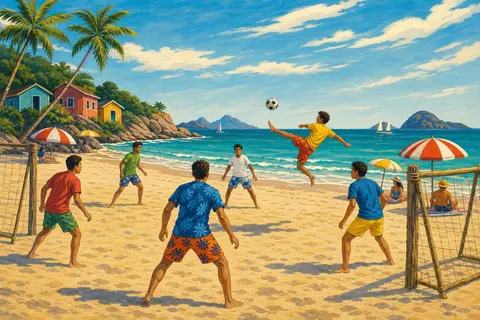 Jugadores descalzos saltando tras un balón en la playa con el mar y sombrillas detrás