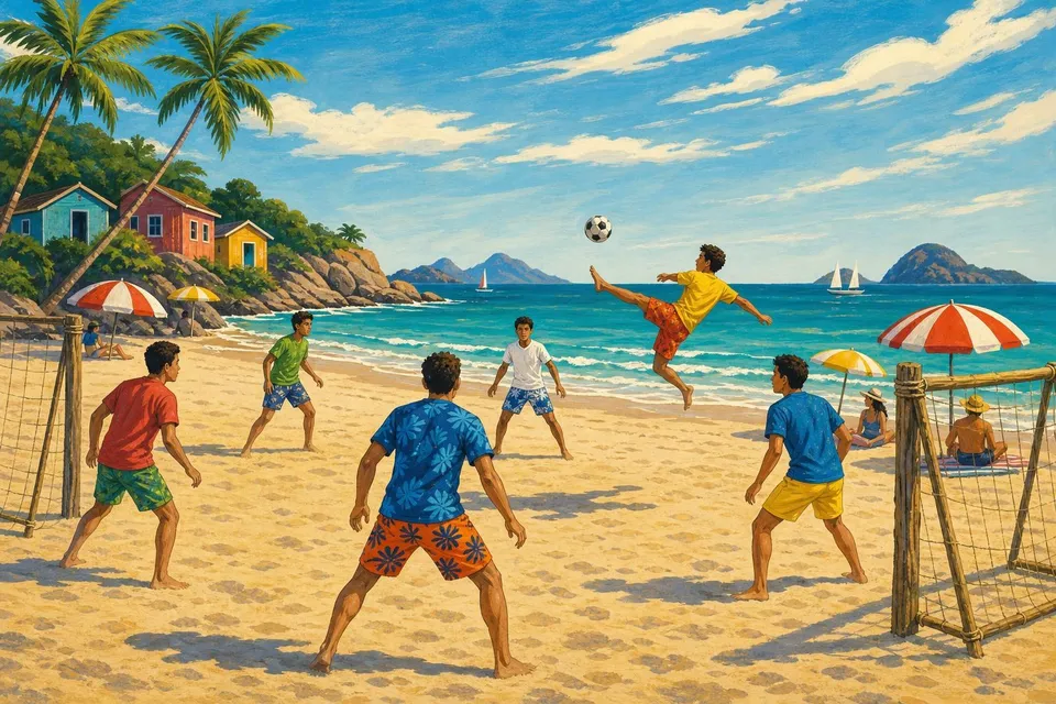 Jugadores descalzos saltando tras un balón en la playa con el mar y sombrillas detrás