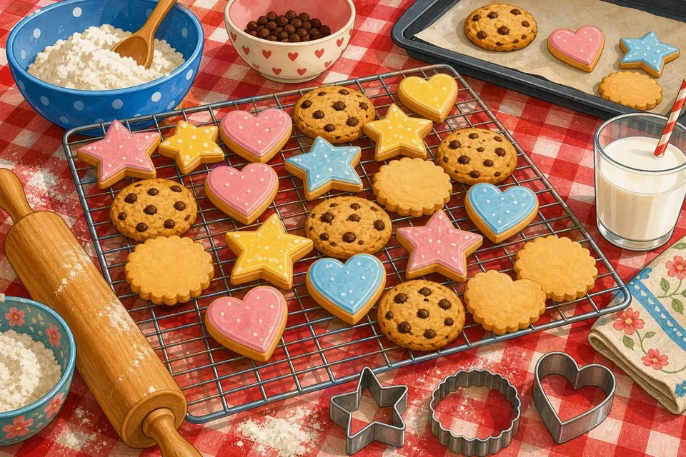 Galletas glaseadas de estrella y corazón enfriándose en una rejilla sobre un mantel rojo