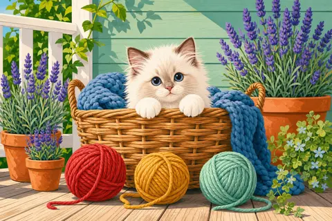 Gatito blanco y crema asomando de una cesta de mimbre con ovillos de lana