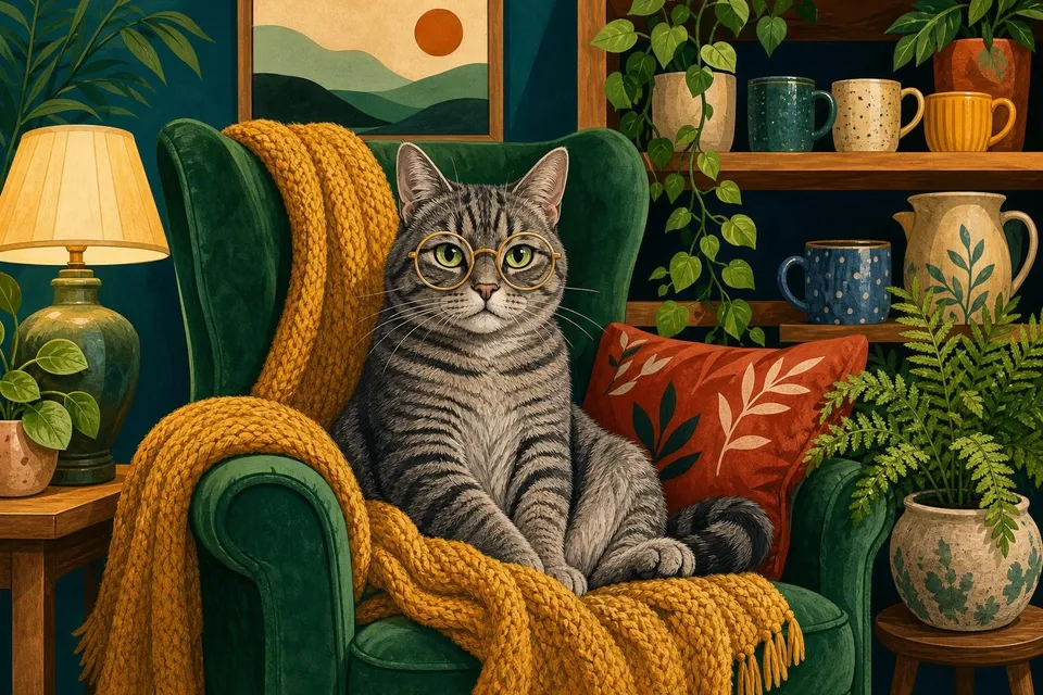 Gato atigrado con gafas redondas dorado sentado en un sillón verde con manta