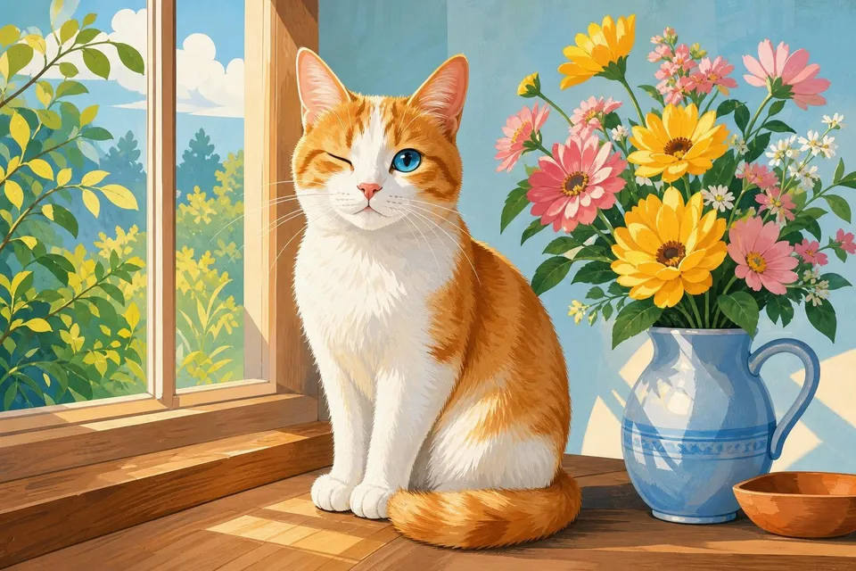 Gato blanco y naranja guiñando un ojo en una ventana junto a un jarrón de flores