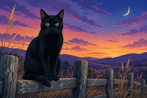 Gato negro de ojos verdes brillantes sobre una valla de madera al atardecer