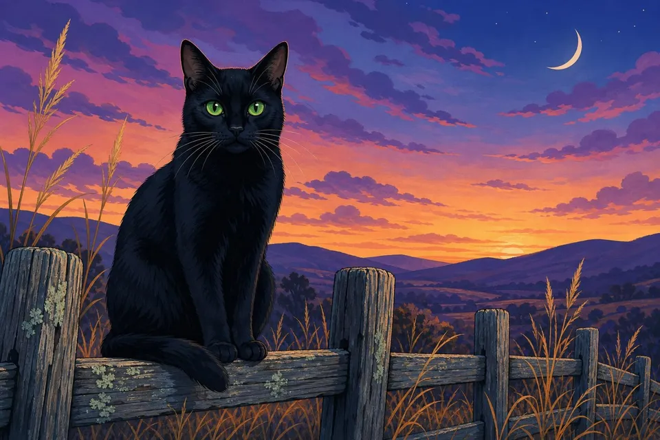 Gato negro de ojos verdes brillantes sobre una valla de madera al atardecer