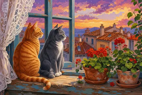 Un gato atigrado naranja y un gato gris sentados en una ventana con geranios rojos