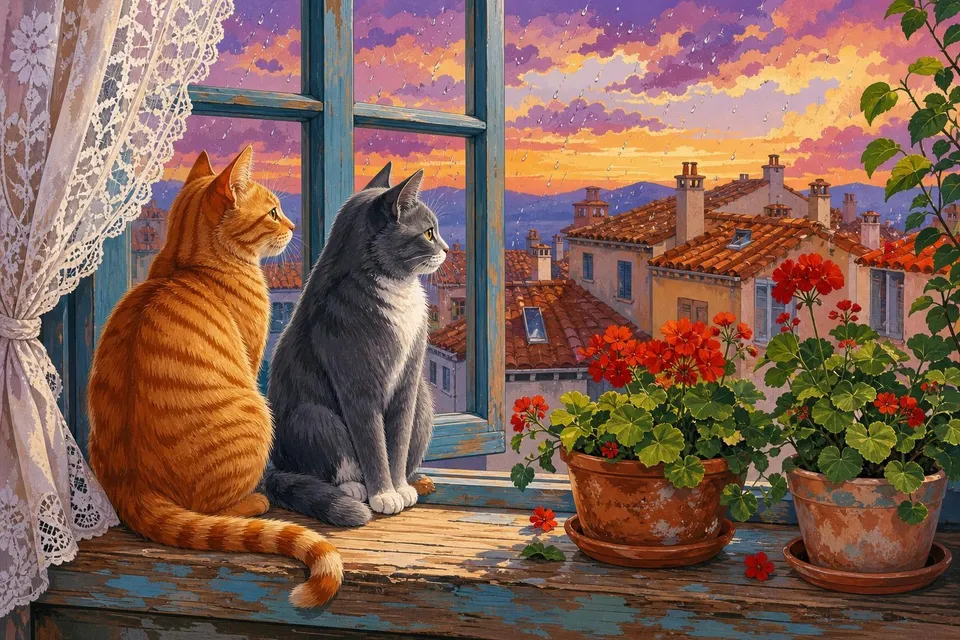 Un gato atigrado naranja y un gato gris sentados en una ventana con geranios rojos