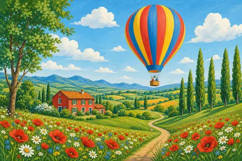 Globo aerostático de franjas rojas, amarillas y azules sobre colinas verdes con flores y una casita roja
