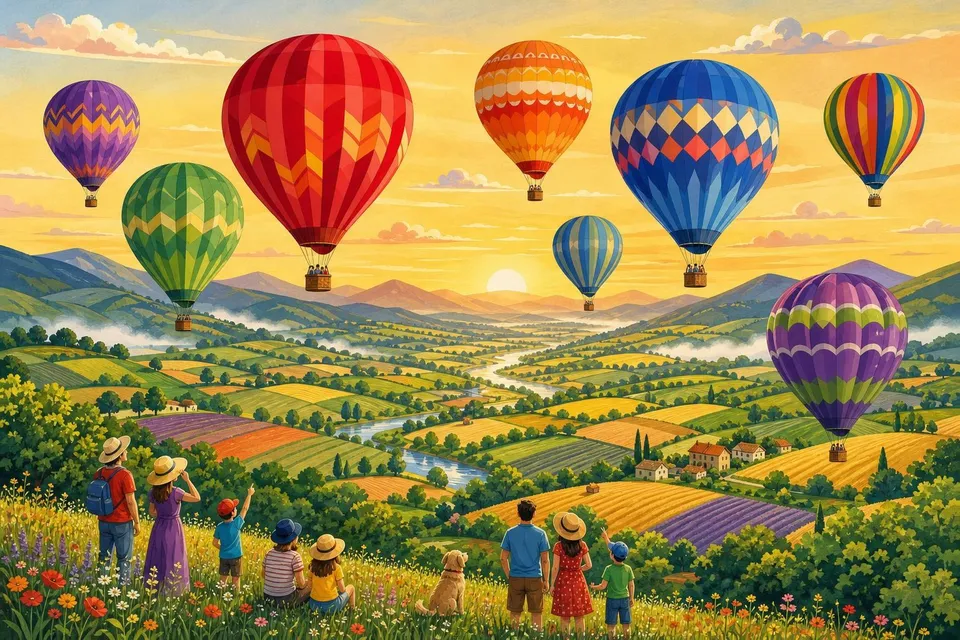 Ocho globos aerostáticos de colores sobre un valle verde bajo un cielo amarillo