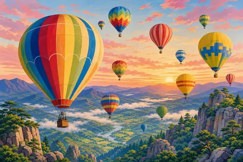 Una docena de globos aerostáticos de colores sobre un valle con niebla al amanecer