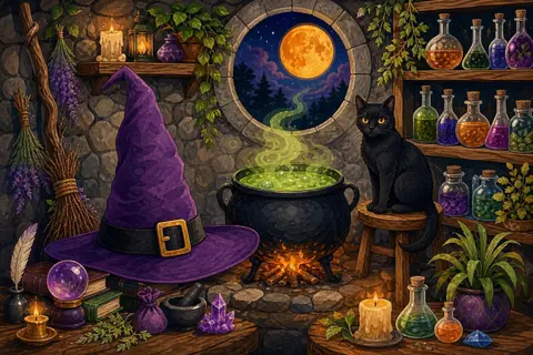 Gorro de bruja morado y escoba de ramas junto a un caldero verde, frascos de pociones y un gato negro