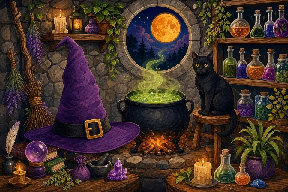 Gorro de bruja morado y escoba de ramas junto a un caldero verde, frascos de pociones y un gato negro