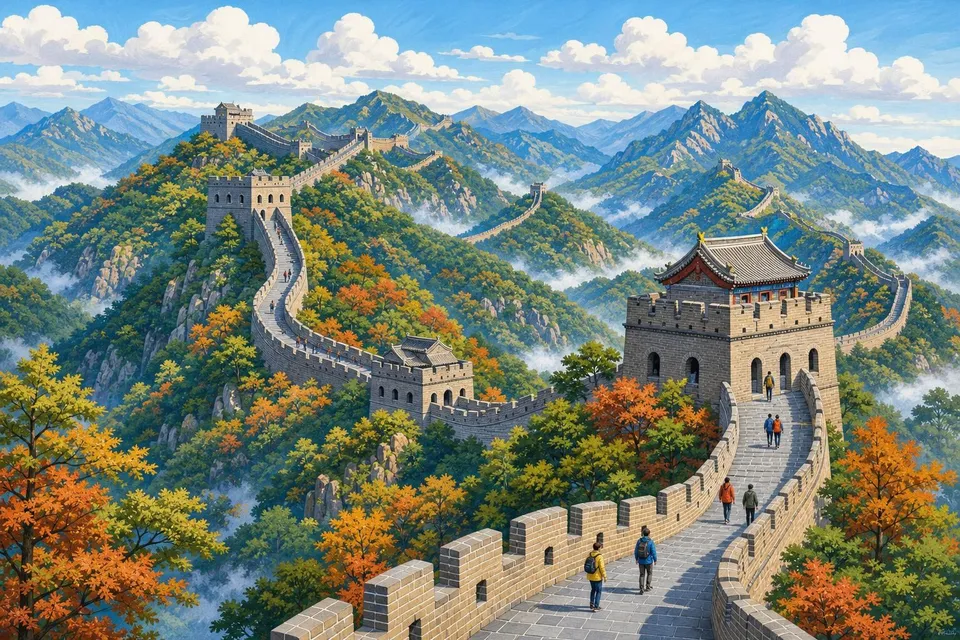 Tramo de la Gran Muralla China sobre montañas verdes con torres de vigilancia