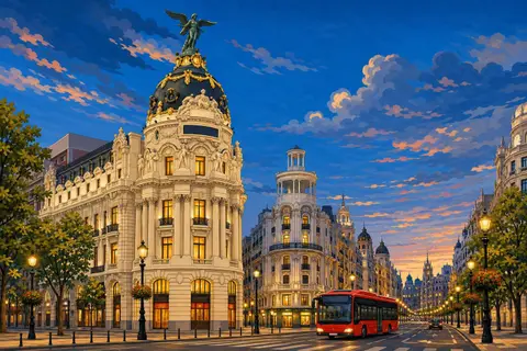 Edificio Metrópolis y la Gran Vía de Madrid al anochecer con ventanas iluminadas
