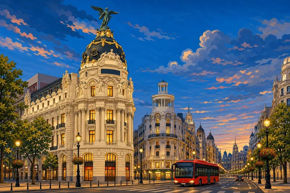 Edificio Metrópolis y la Gran Vía de Madrid al anochecer con ventanas iluminadas