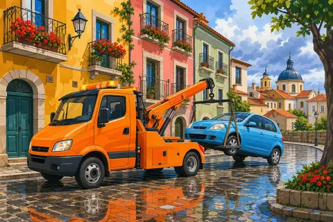 Grúa naranja remolcando un coche azul por una calle empedrada con fachadas de colores