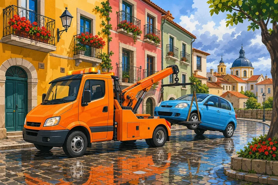 Grúa naranja remolcando un coche azul por una calle empedrada con fachadas de colores