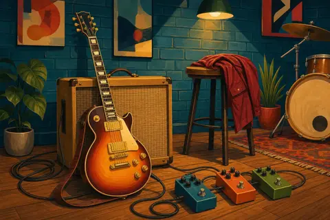 Guitarra eléctrica sunburst apoyada en un amplificador con cables y pedales en una sala de ensayo