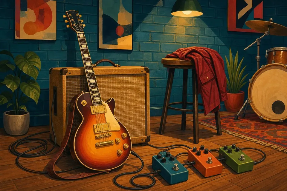 Guitarra eléctrica sunburst apoyada en un amplificador con cables y pedales en una sala de ensayo