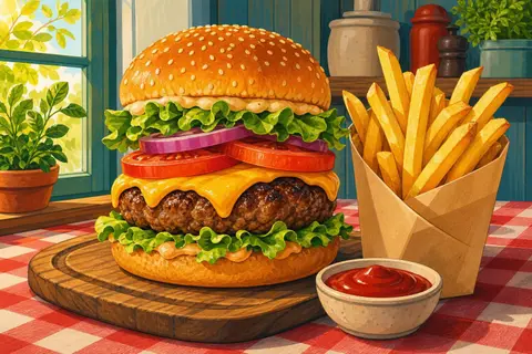 Hamburguesa con queso y lechuga junto a patatas fritas sobre un mantel de cuadros