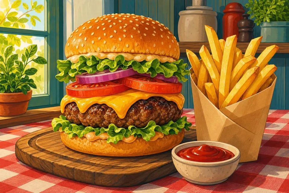 Hamburguesa con queso y lechuga junto a patatas fritas sobre un mantel de cuadros