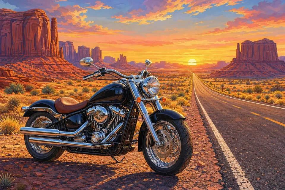 Moto negra y cromada aparcada en una carretera del desierto al atardecer