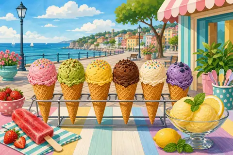 Seis cucuruchos de helado de colores en un soporte junto a un paseo marítimo