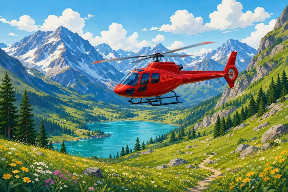 Helicóptero rojo suspendido sobre un valle verde con lago turquesa y montañas al fondo