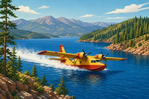 Hidroavión amarillo y rojo rozando el agua azul de un embalse rodeado de pinares