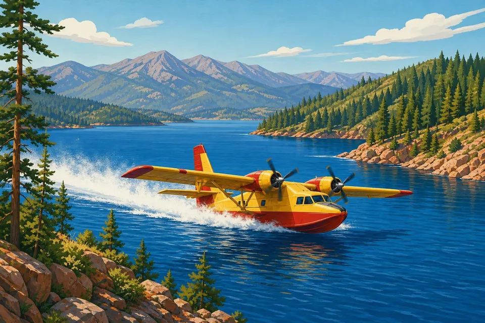 Hidroavión amarillo y rojo rozando el agua azul de un embalse rodeado de pinares