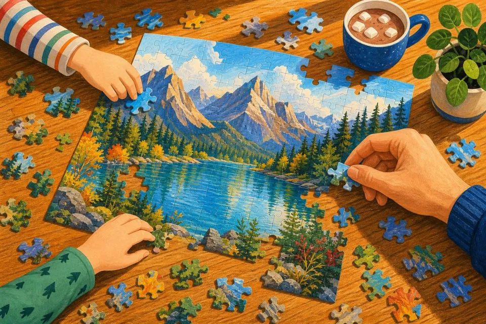 Mesa con un puzzle a medio hacer y piezas sueltas alrededor