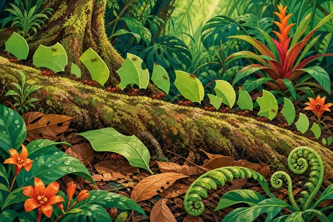 Fila de hormigas cortadoras llevando trozos de hoja verde por una raíz con musgo