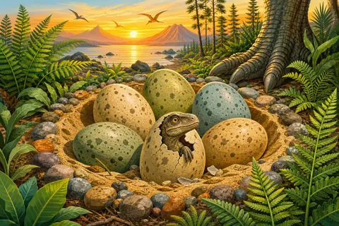 Nido de arena con huevos moteados de dinosaurio y una cría asomando por un cascarón roto