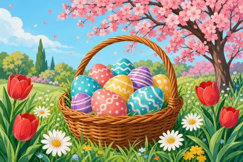 Cesta de mimbre con huevos de Pascua pintados sobre la hierba junto a tulipanes