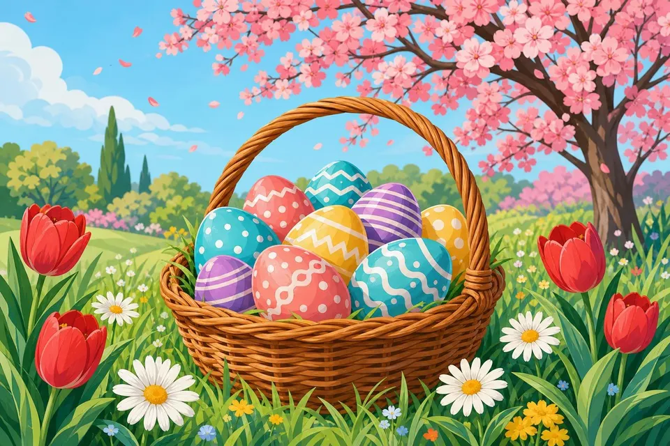 Cesta de mimbre con huevos de Pascua pintados sobre la hierba junto a tulipanes