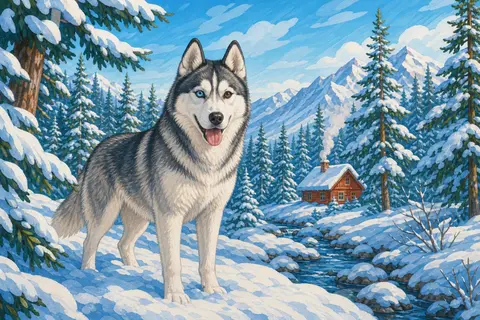Husky siberiano gris y blanco con un ojo azul y otro marrón en la nieve