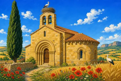 Iglesia románica de piedra dorada con espadaña y cigüeñas entre campos de trigo