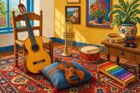 Guitarra, violín, trompeta, tambor, xilófono y castañuelas en una sala con alfombra