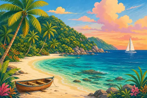 Isla tropical con playa blanca, palmeras, laguna turquesa, un velero y una barca