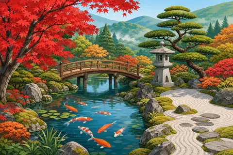 Jardín japonés con estanque de carpas, puente de madera, linterna de piedra y arce rojo