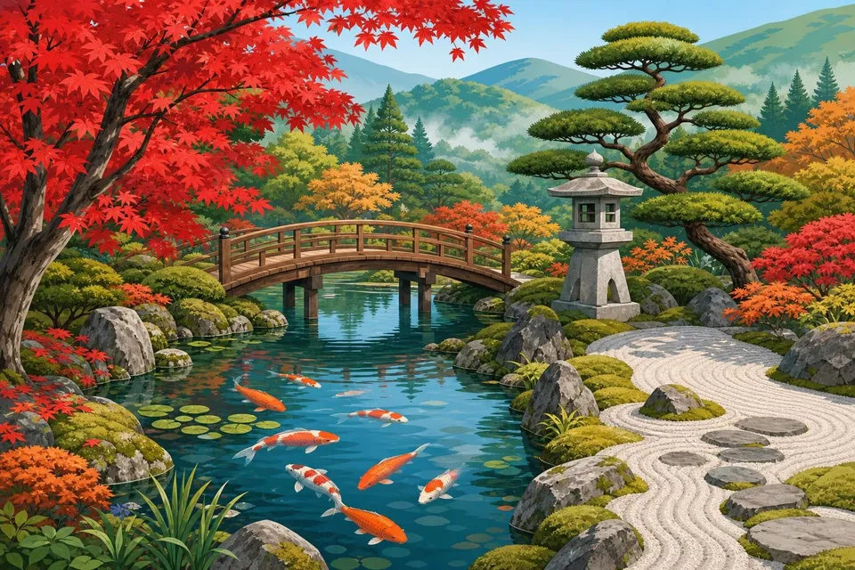 Jardín japonés con estanque de carpas, puente de madera, linterna de piedra y arce rojo