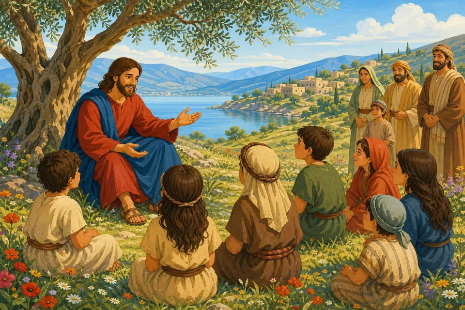 Jesús con túnica roja y manto azul bajo un olivo, rodeado de niños junto a un lago