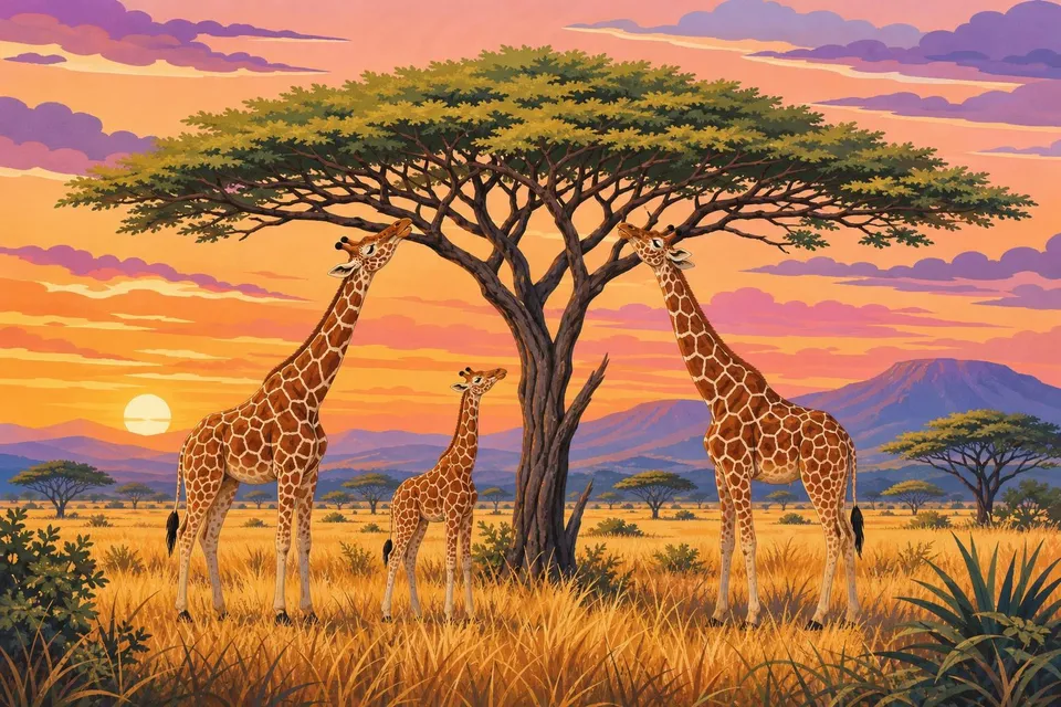 Tres jirafas comiendo hojas de una acacia en la sabana al atardecer