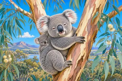 Koala gris abrazado al tronco de un eucalipto con una cría en la espalda