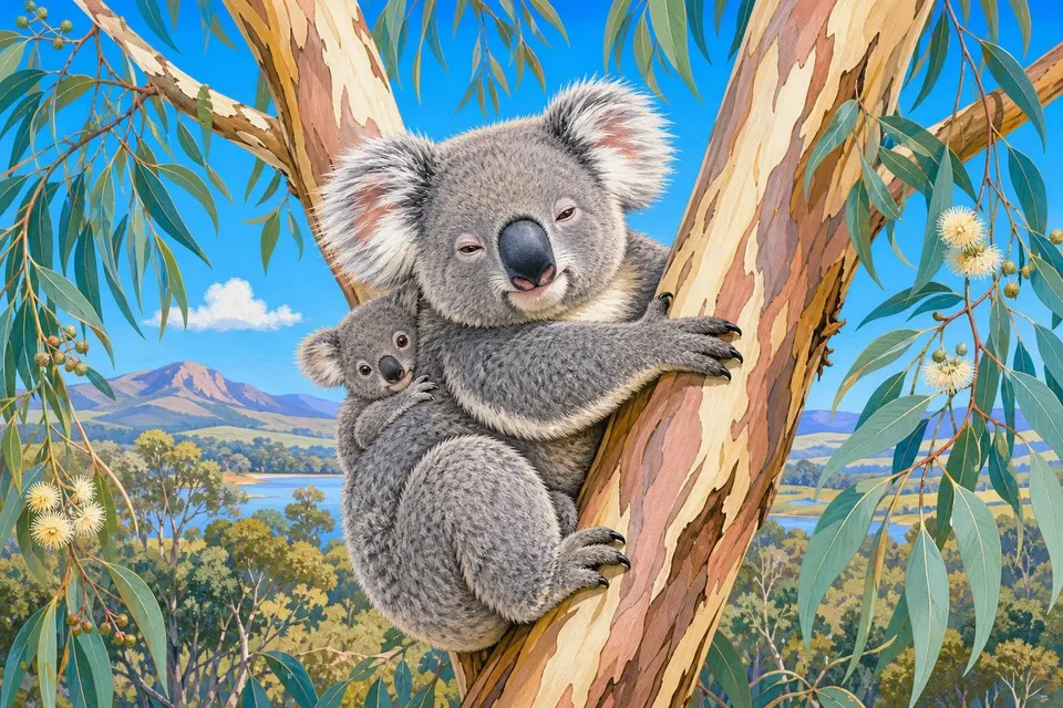 Koala gris abrazado al tronco de un eucalipto con una cría en la espalda