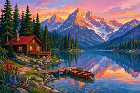 Cabaña de madera con tejado rojo junto a un lago tranquilo, con embarcadero y montañas